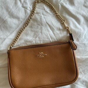 Coach Brown Leather Wristlet with Gold Chain